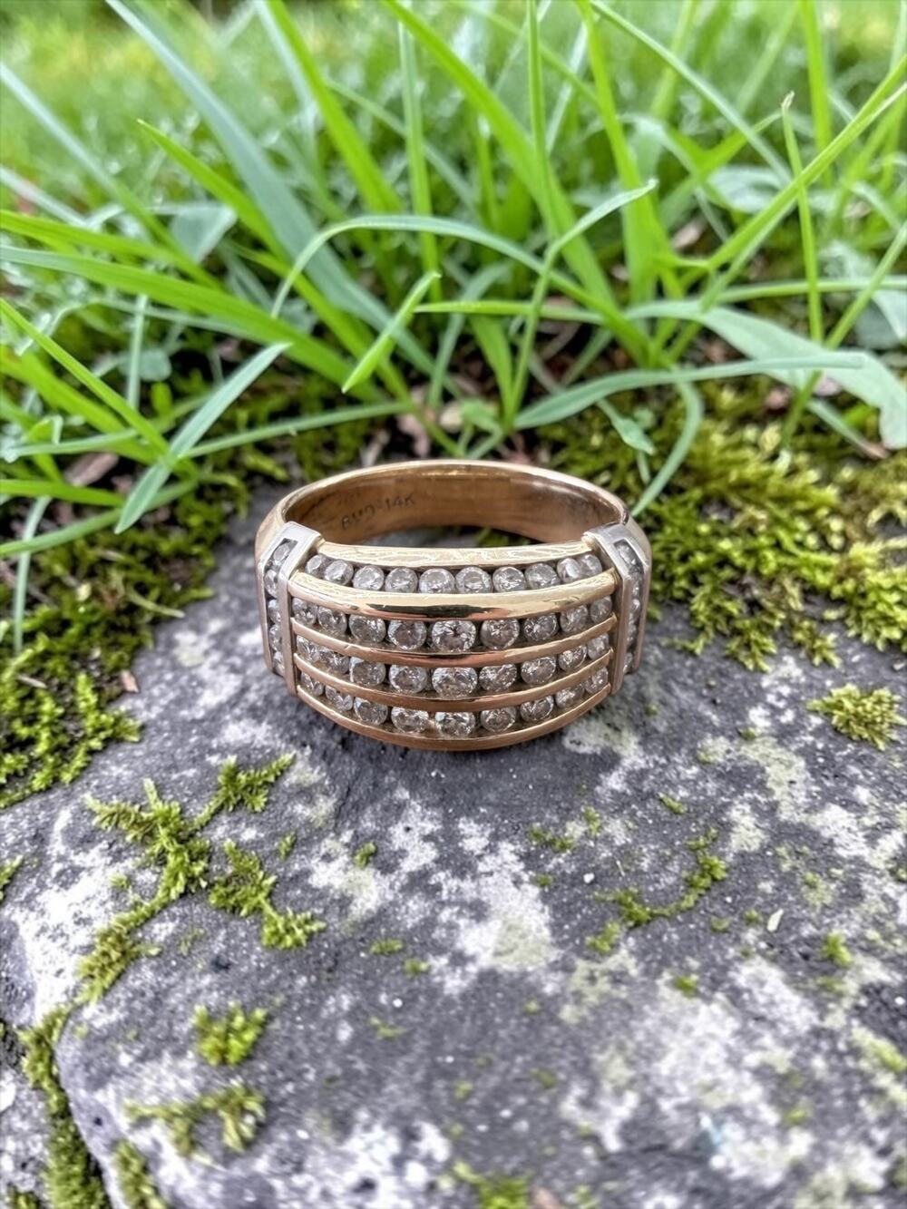 Vintage 14k Gold Diamond Wide Band Ring Multi-Row Panel Design